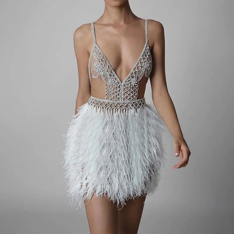 Women Party Dresses Elegant Short Feather Dress Ladies Sexy Backless V-neck Bandage Bodycon Dress Banquet Clothing
