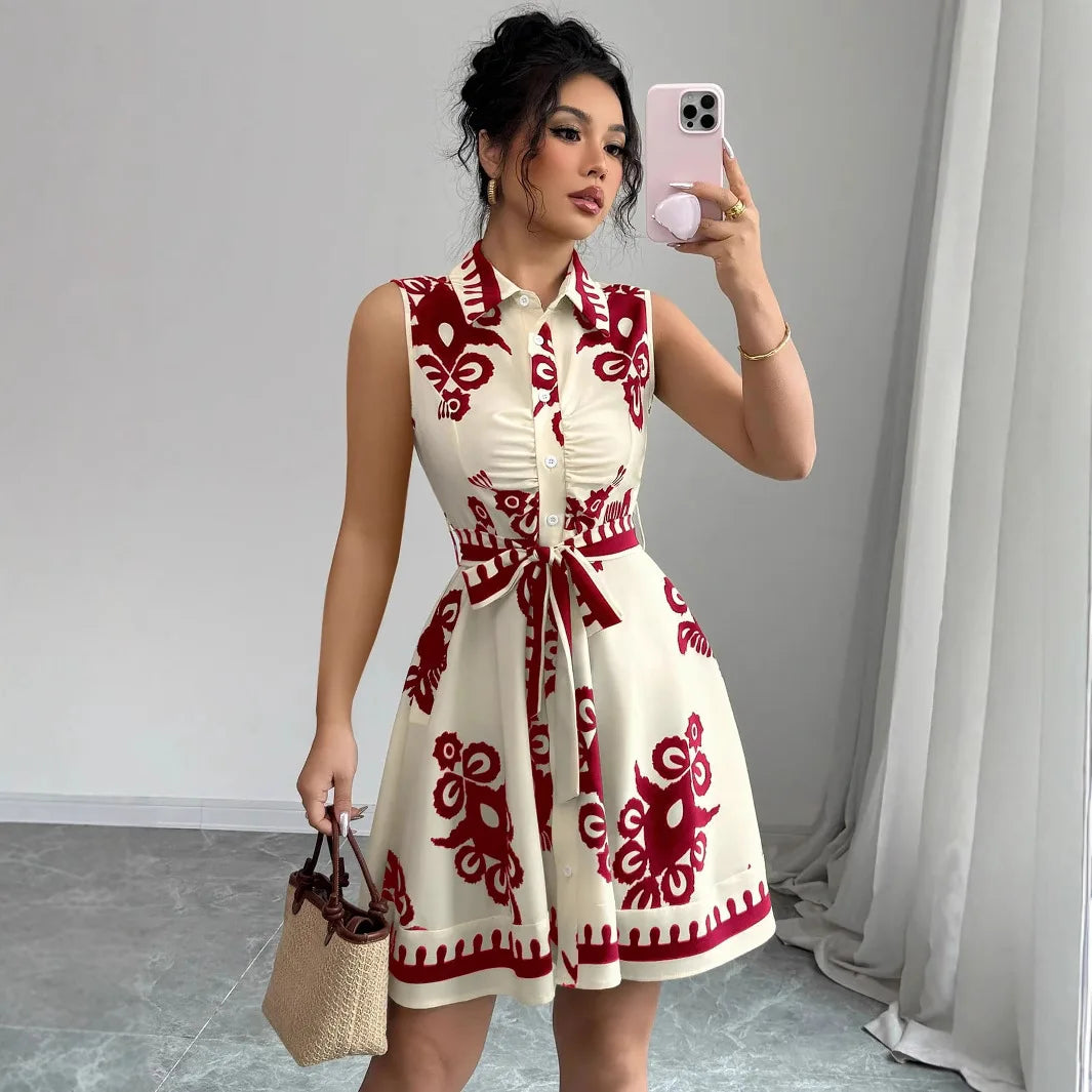 Summer New Fashion Casual Dress For Women Elegant Solid Sleeveless Turn-down Collar Lace Up Office Holiday Dresses Robe Femme