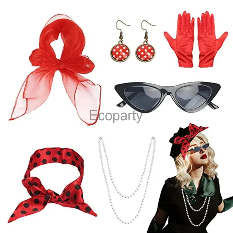 Women 1950's Costume Accessories Vintege Polka Dot Headband Necklace Chiffon Scarf Eyeglasses Earrings Set Girls Party Outfits