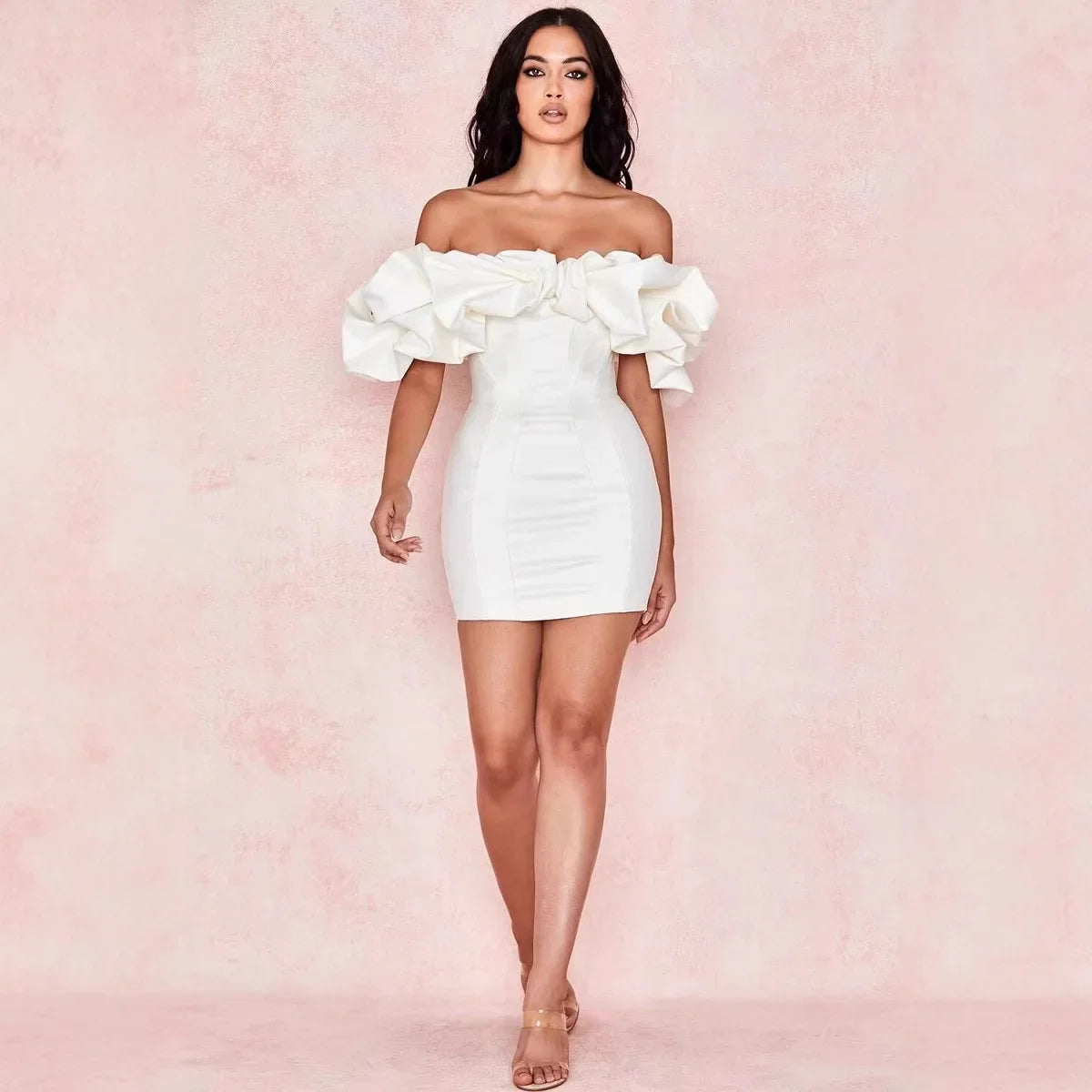 Women Party Dress Sexy Sleeveless White Ruffles Ladies Slim Strapless Empire Dinner Thin Pencil Midi Dresses