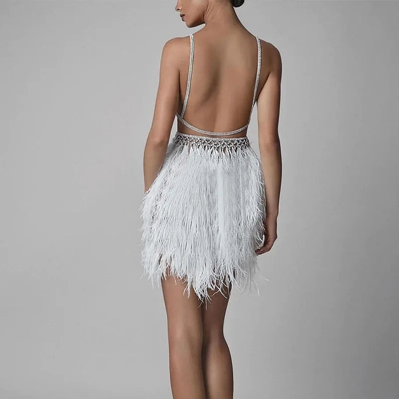 Women Party Dresses Elegant Short Feather Dress Ladies Sexy Backless V-neck Bandage Bodycon Dress Banquet Clothing