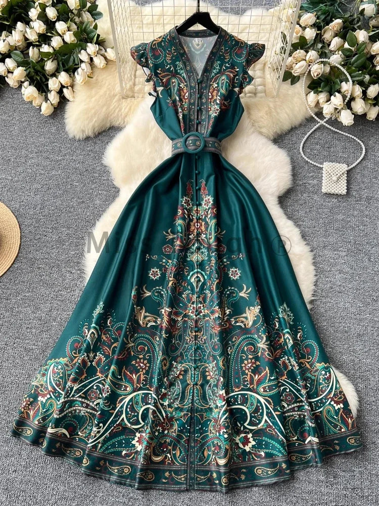 French Fashion Bohemian Vintage Dress Women Aesthetic Print Single Breasted Belted Clothes New Design Retro Long Dresses Summer