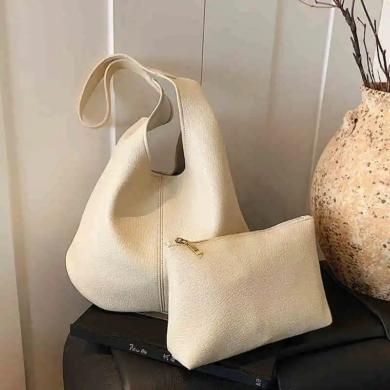 Women Large Capacity Tote Bag Summer Simple Versatile Single Shoulder Bags Casual Solid Color Soft Leather Bucket Handbags