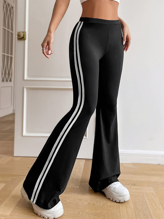 Women's Fashion Sporty Striped Print Flared Yoga Athletic Pants, Casual High-Waist Workout Bell-Bottoms