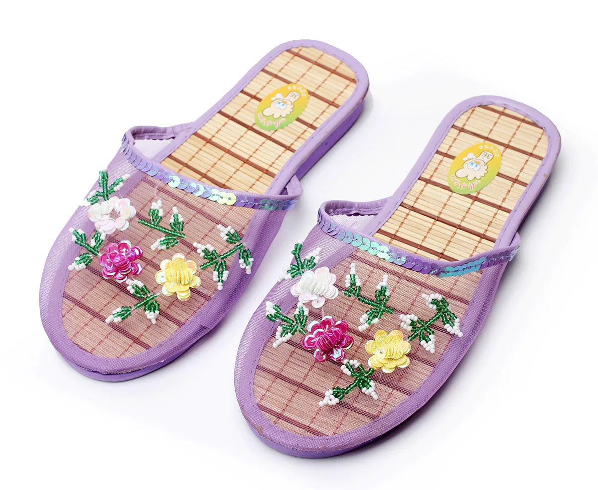 Women Indoor Slippers Sequin Flat Shoes Lady Summer Hollow Mesh Beach Slippers Flip Flops Casual Baotou Creative Flower Mesh