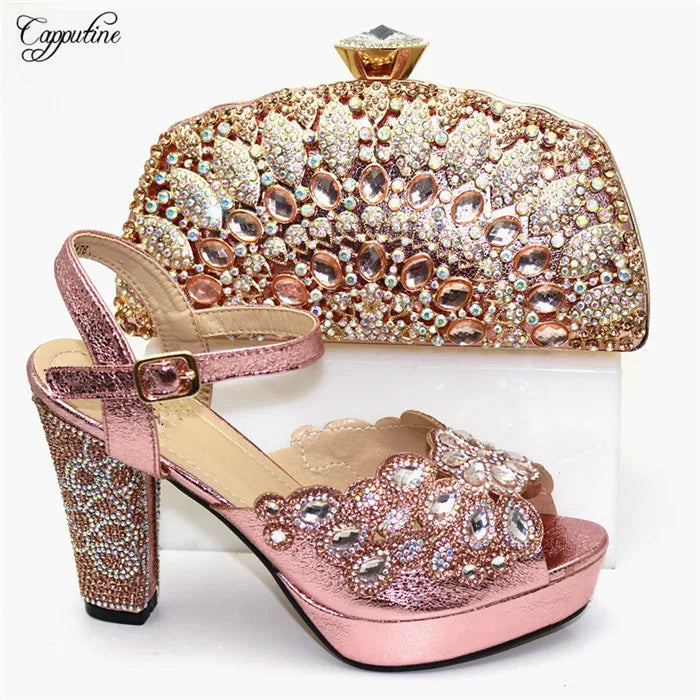 Fashion Gold High Heels Shoes And Purse Bag Set Woman Luxury Sandals Matching With Clutch Handbag Pumps Clutch CR178 11.5cm