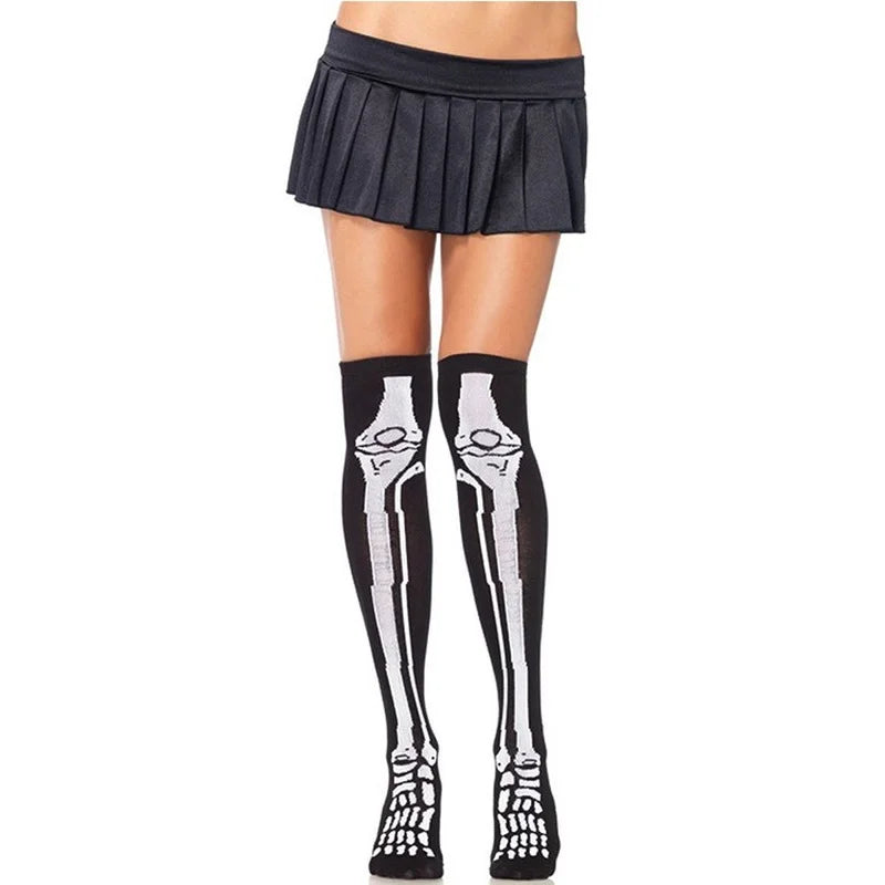 Halloween April Fools Day Theme Party Role Playing Horror Skull Print Long Tube Tight Stockings Costume Women Wedding Festival