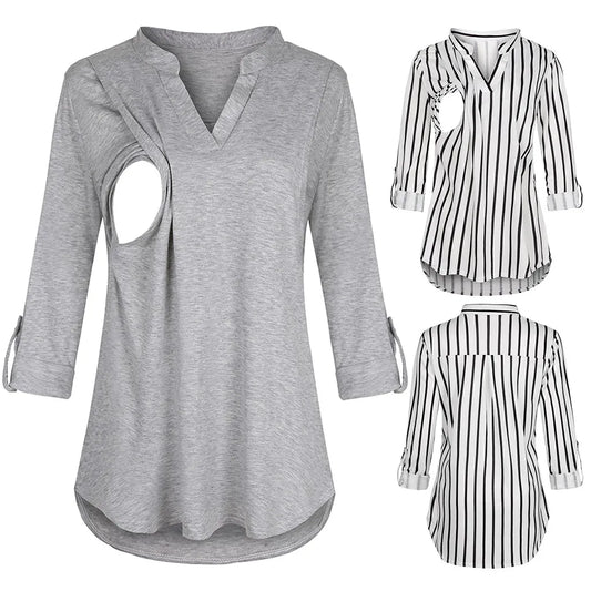 New fashion maternity clothes Blouses Shirts Long Sleeve Striped Nursing Tops Blouse For Breastfeeding Clothes Women Maternity