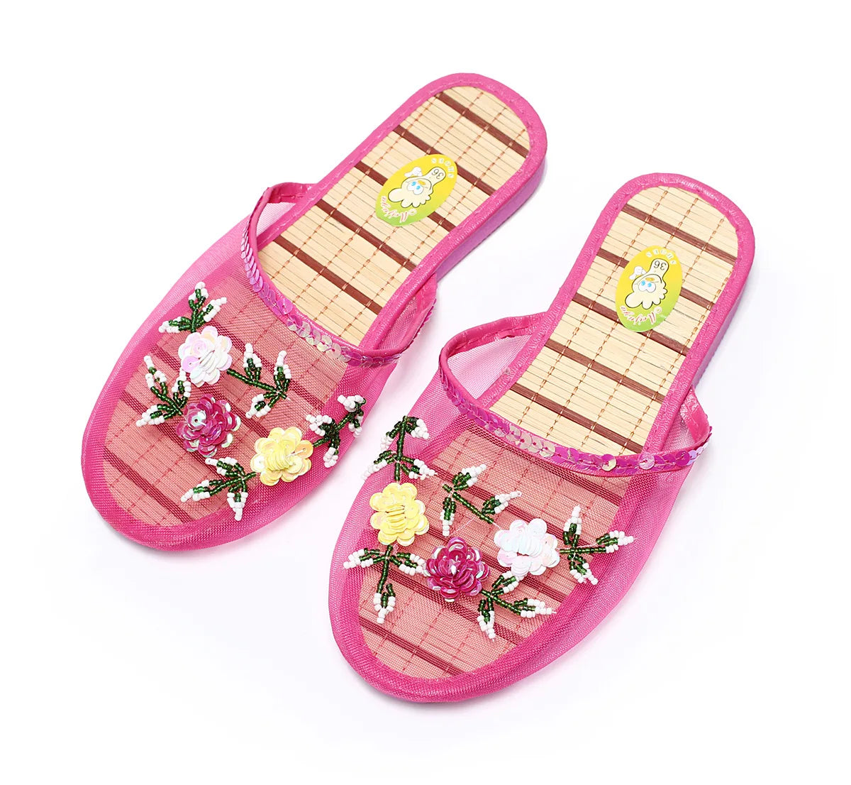 Women Indoor Slippers Sequin Flat Shoes Lady Summer Hollow Mesh Beach Slippers Flip Flops Casual Baotou Creative Flower Mesh