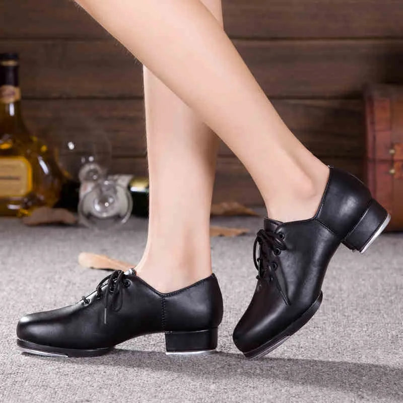 Genuine Leather Adult tap dance shoes Men women kicked shoes Sports Leather soft bottom High-impact aluminum plate Black shoe