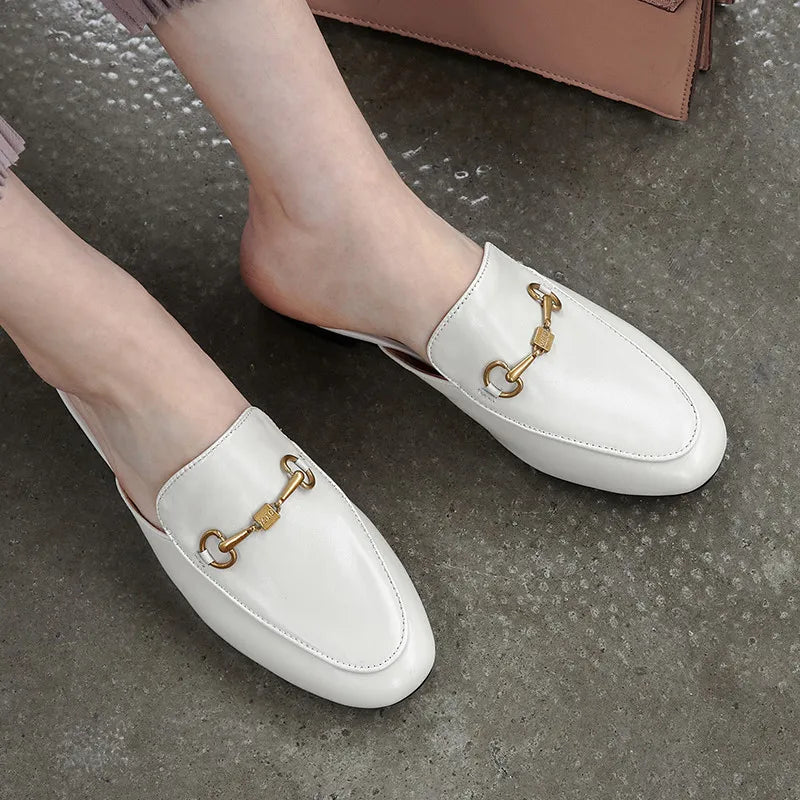 brand genuine leather shoes women slipper mules Metal decoration Heart-shaped summer flat shoes woman slipper big size 43