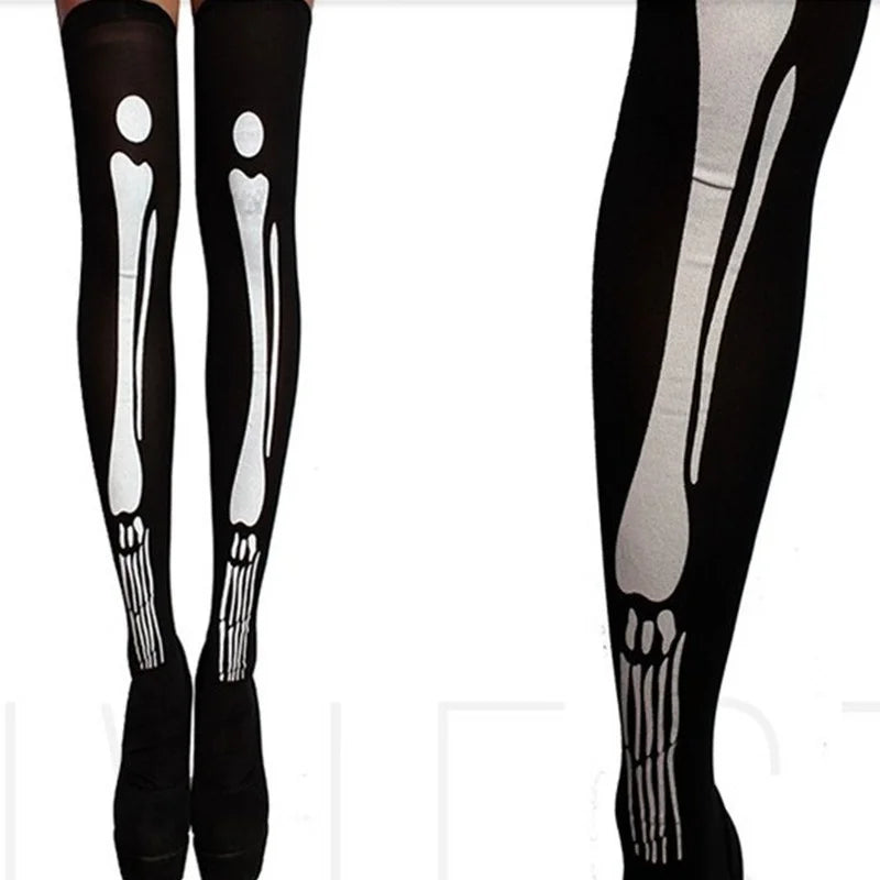 Halloween April Fools Day Theme Party Role Playing Horror Skull Print Long Tube Tight Stockings Costume Women Wedding Festival