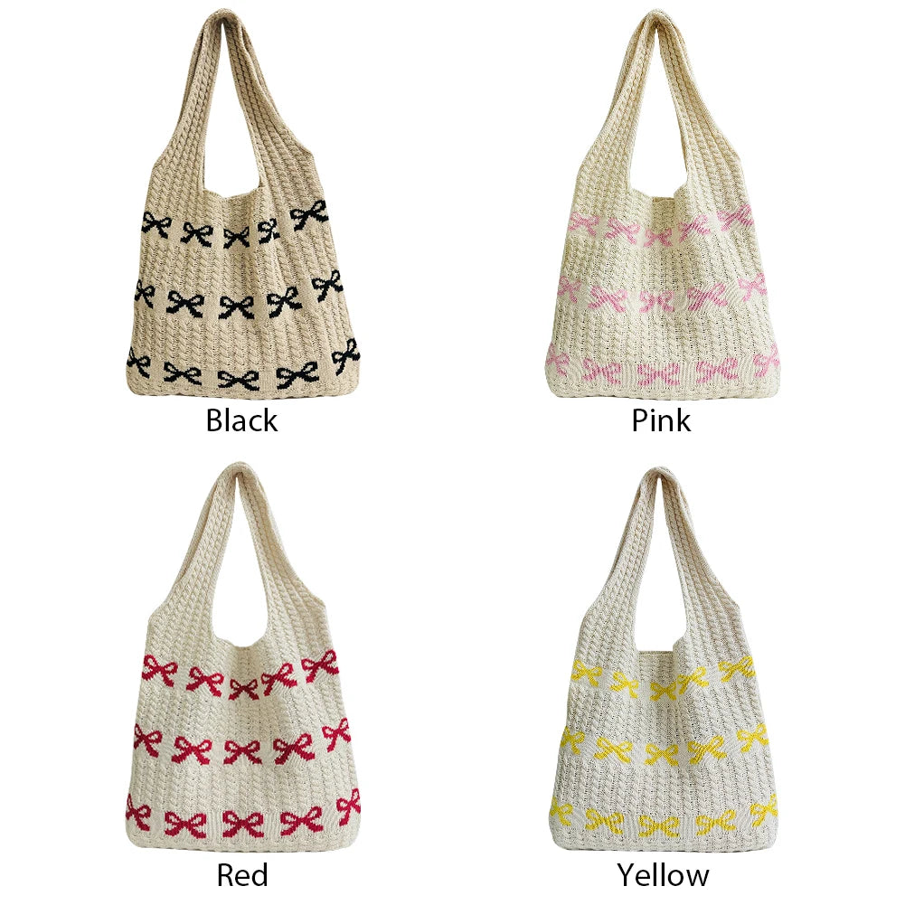 Women Aesthetics Handbag Large Capacity Bow Pattern Fashion Woven Bag Multifunctional Daily Shoulder Bag for Shopping Traveling