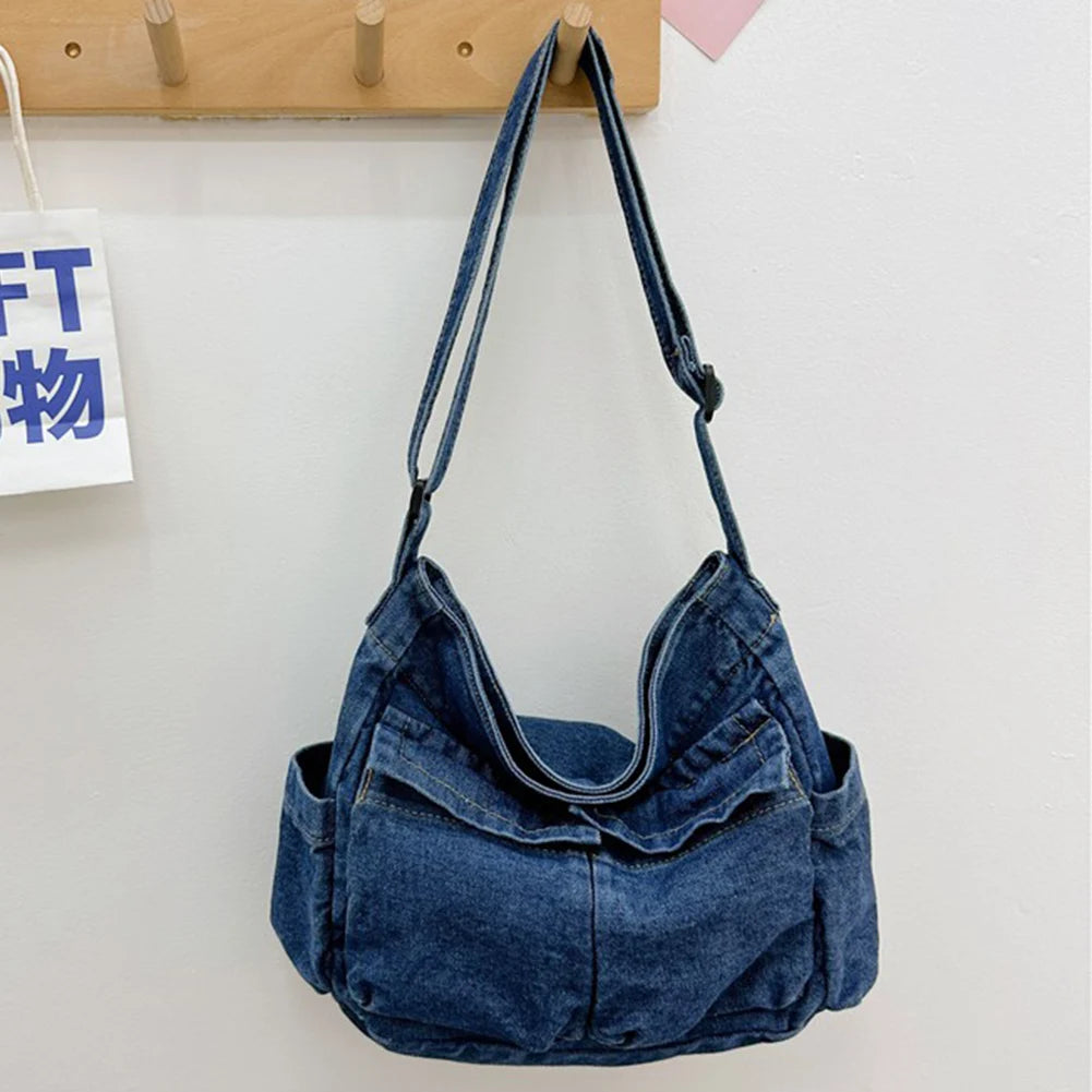 Women Stylish Crossbody Bag Large Capacity Denim Casual Satchel Bag Adjustable Strap Daily Tote Bag Multifunction Chic Hobo Bag