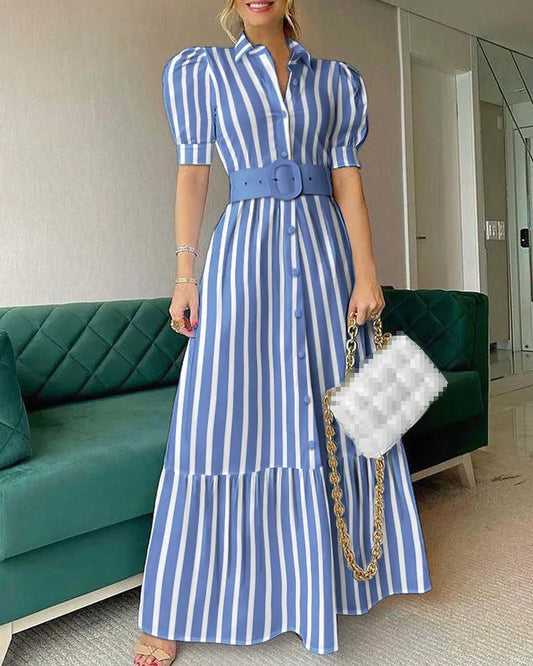 Party Belt Dresses For Women 2025 Spring Summer Fashion Elegant Stripe Print Short Sleeve Long Dress Lady High Waist Shirt Dress