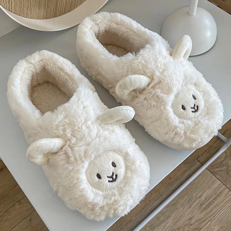 Comwarm Cartoon Plush Slippers For Women Men Winter Warm Fluffy Faux Fur Slippers Cute Sheep Indoor Home Couple Cotton Slippers