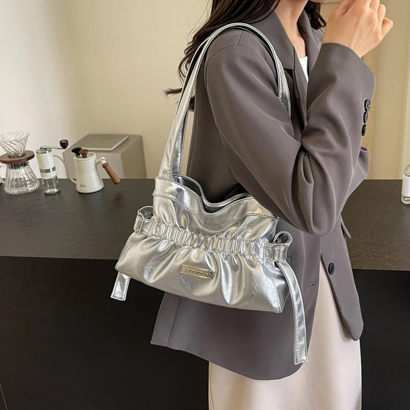Women's Bag PU Ruched Fashion Shoulder Bag Pleated Solid Color Handbag Large Capacity Underarm Bag Stylish Armpit Bag Tote Purse