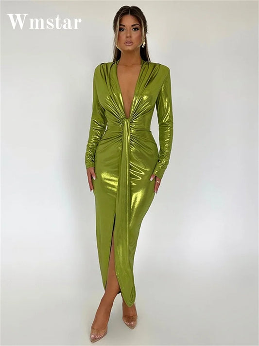 Wmstar Party Dresses for Women 2025  Sexy Elegant Deep V Neck Patchwork Pleated Maxi Dresses Wholesale Dropshipping New Style