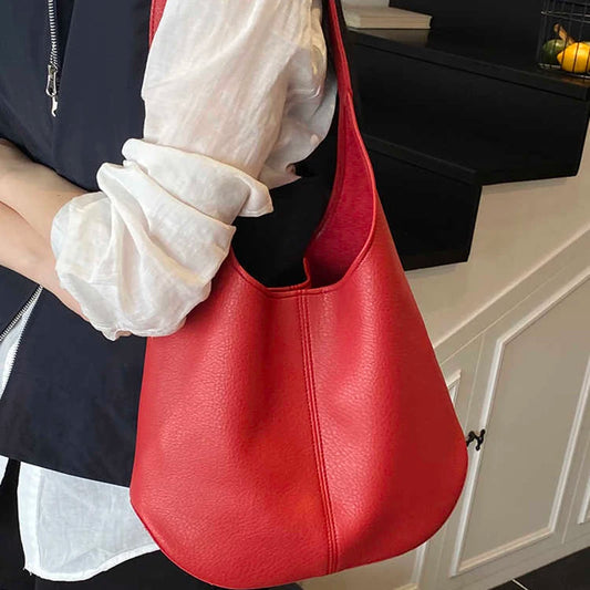Women Large Capacity Tote Bag Summer Simple Versatile Single Shoulder Bags Casual Solid Color Soft Leather Bucket Handbags
