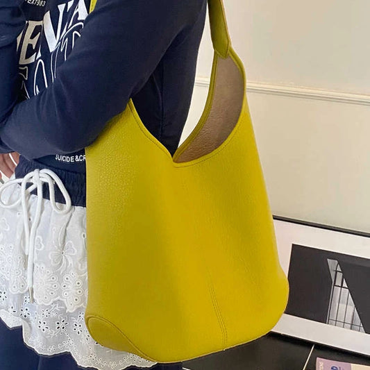 Women Large Capacity Tote Bag Summer Simple Versatile Single Shoulder Bags Casual Solid Color Soft Leather Bucket Handbags