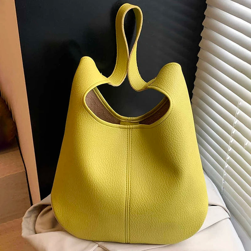 Women Large Capacity Tote Bag Summer Simple Versatile Single Shoulder Bags Casual Solid Color Soft Leather Bucket Handbags