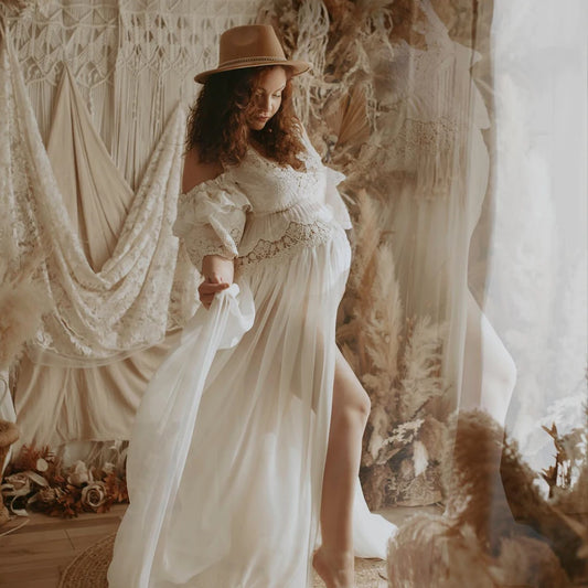 Maternity Photography Dresses Elegant V-neck Embroidered Cotton Lace&Chiffon Dress Photography Dress For Pregnant Women