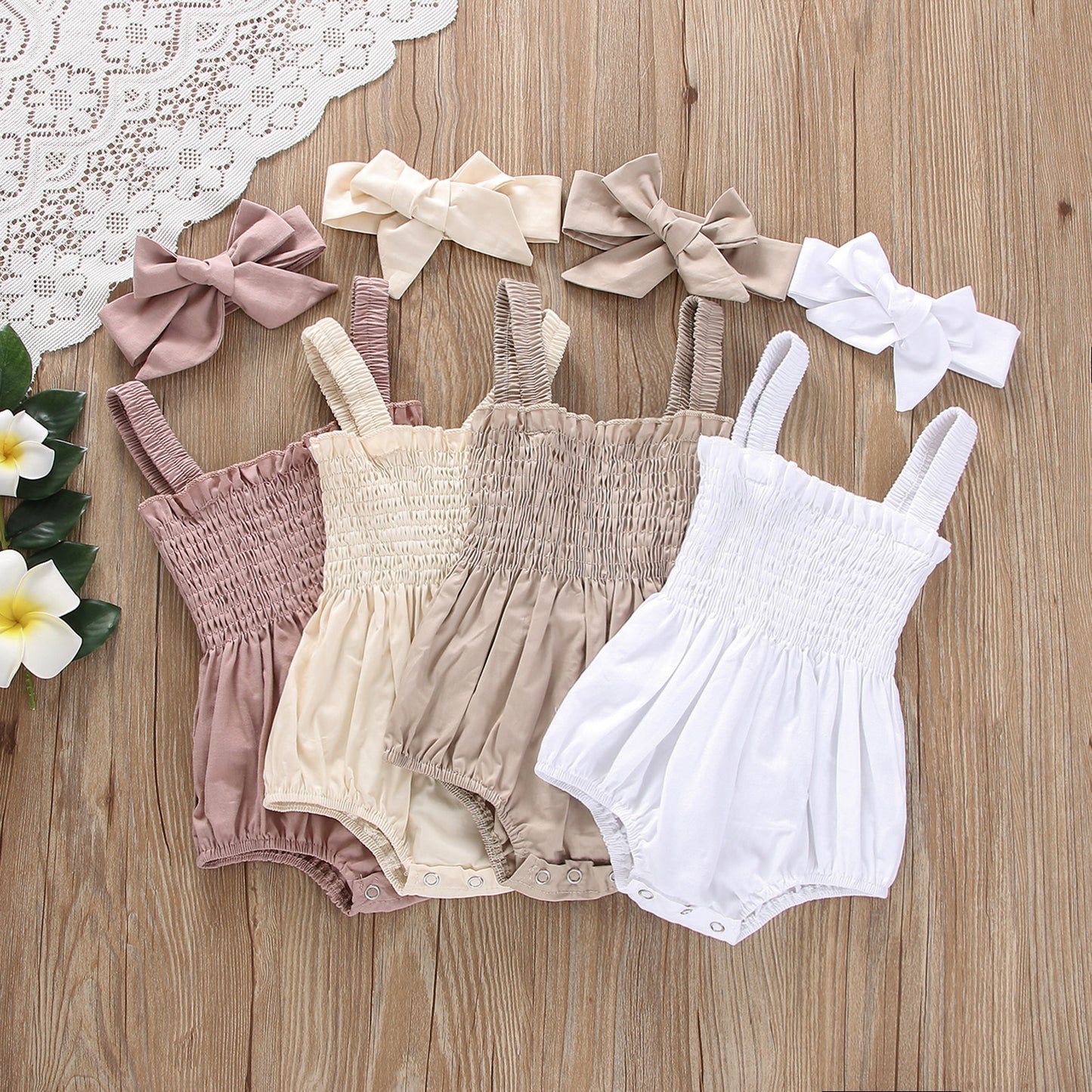 Infant Baby Girls Summer Elastic Jumpsuit Outfit Solid Color Ruched Casual Sleeveless Suspender Rompers