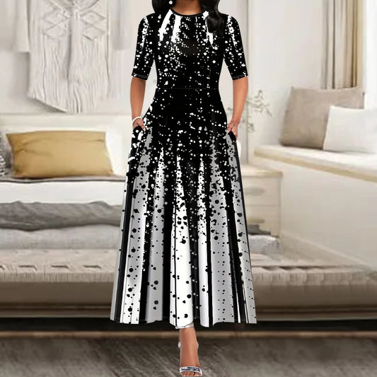Women's Elegant Party Long Dresses Loose Round Neck Short Sleeves Retro Printed Casual Long Dress 2024