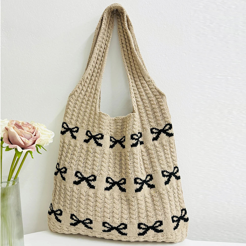 Women Aesthetics Handbag Large Capacity Bow Pattern Fashion Woven Bag Multifunctional Daily Shoulder Bag for Shopping Traveling