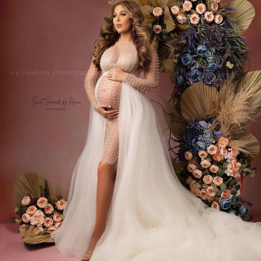 Maternity Photography Dresses Transparent Tulle Pearl Pregnancy Dress  Photo Shoot Photography Dress For Women