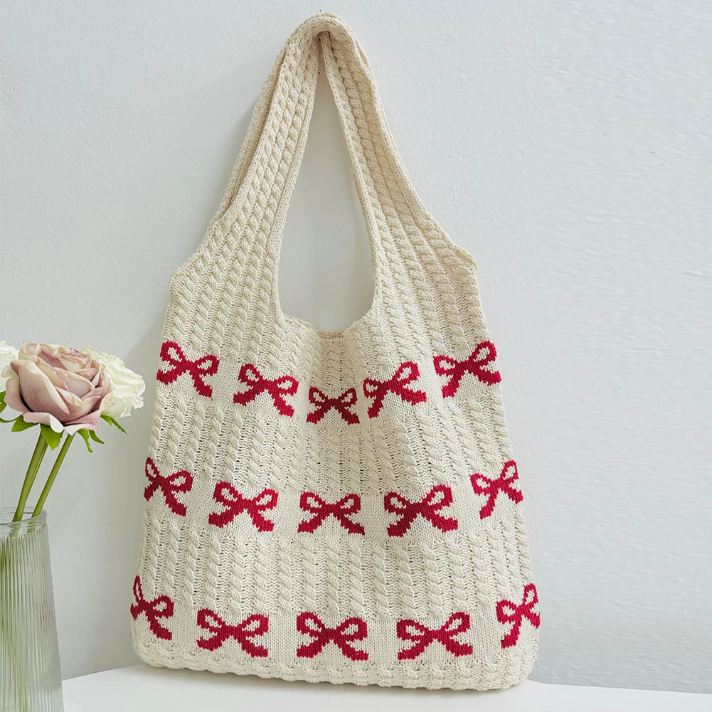 Women Aesthetics Handbag Large Capacity Bow Pattern Fashion Woven Bag Multifunctional Daily Shoulder Bag for Shopping Traveling