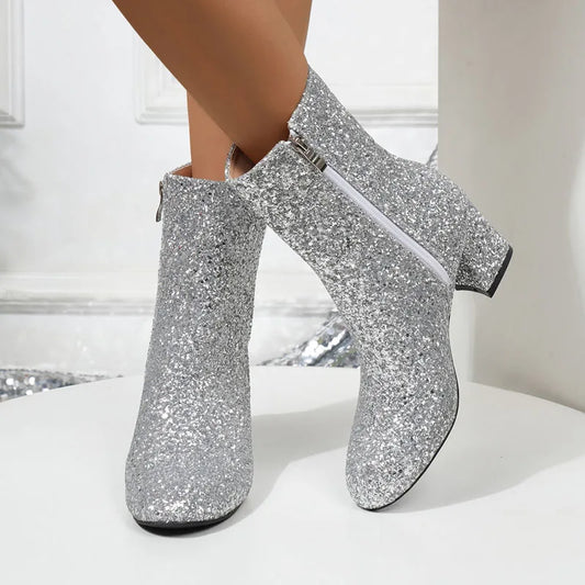 Fashion Sequins Women Boots Round Toe Chunky Heels Ankle Boots Autumn Winter Party Shoes for Women Large Size 41 42 WSH5019