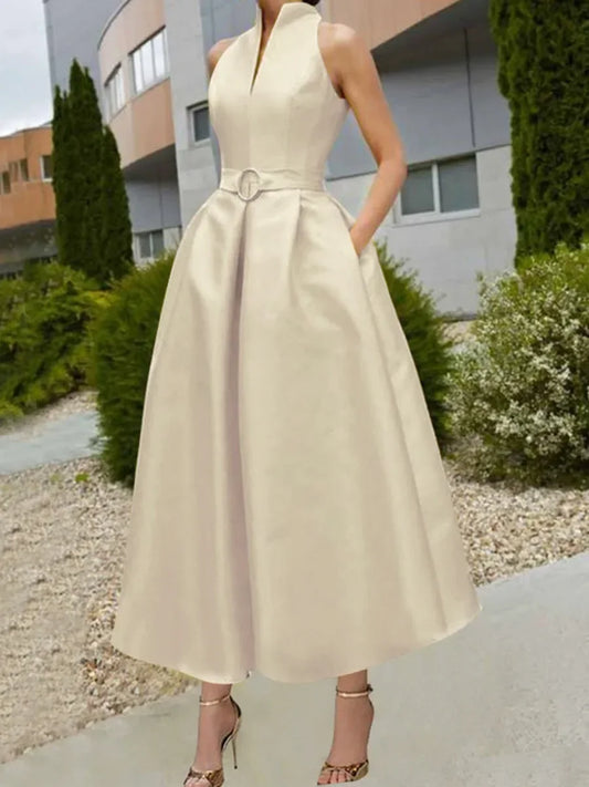 Women's Party Evening Elegant Dress Belted A-line 2025 New Summer Autumn Sleeveless V-neck Urban Office Commute Midi Dresses