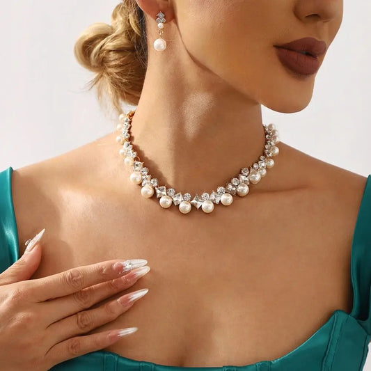 Earrings Sparkling Pearl Jewelry Set Elegant Multi-layer Pearl Necklace Neck Accessory Women Jewelry Pearl Dangle Earrings Girl