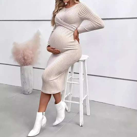 Maternity Dress Fashion Pregnancy Clothes Long Sleeve Temperament Slim Solid Color Knit Maternities Dresses One-piece Skirt