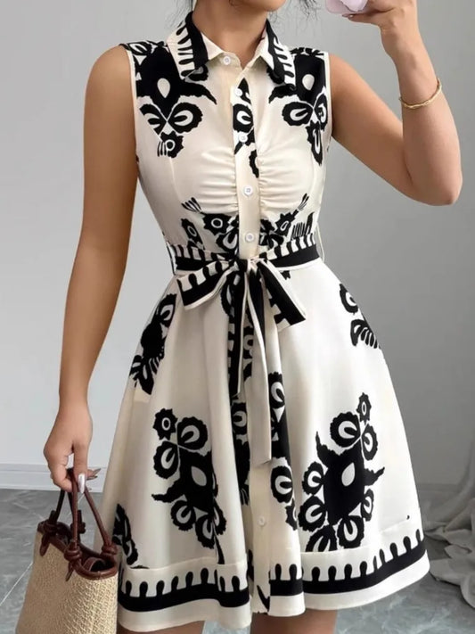 Summer New Fashion Casual Dress For Women Elegant Solid Sleeveless Turn-down Collar Lace Up Office Holiday Dresses Robe Femme
