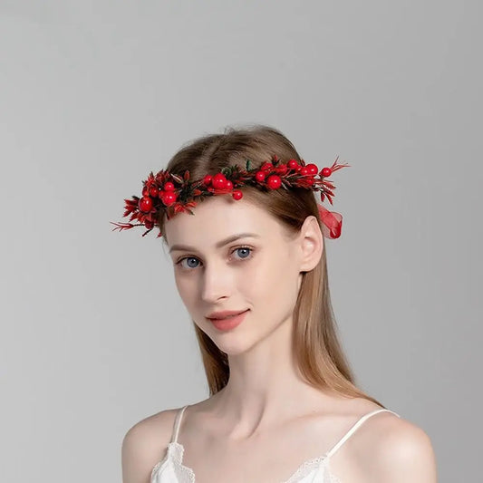 Headband Cloth Wedding Party Hairband Wreath Decoration Red Berry Garland Crown Flower Headband Women Headwear
