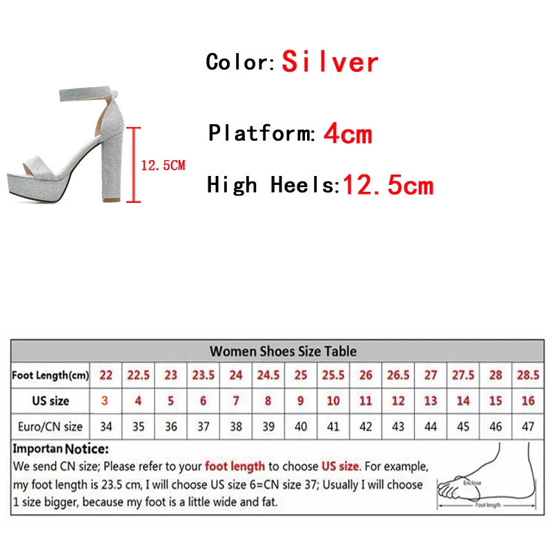 Liyke New Fashion Silver Rhinestone Platform Sandals Summer Open Toe Ankle Strap Square High Heels Women Party Wedding Shoes