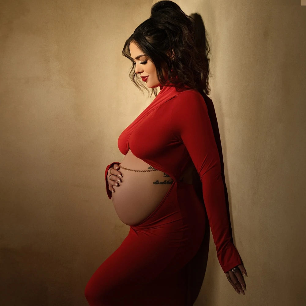 Sexy Elegant Maternity Photography Gown Expose Pregnant Belly Dress Photo Shoot Pregnant Red Floor Mopping Dress