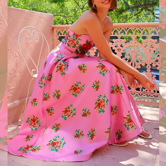 Women Fashion Floral Print Beach Long Dress Casual Sleeveless Hight Waist Party Dress Elegant Strapless Pleated Slim Bohe Dress