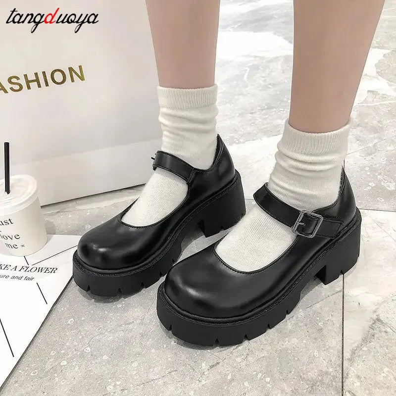 white lolita shoes Women platform mary jane Shoes japanese school JK High Heel Uniform Shoes Women Vintage buckle cosplay shoes