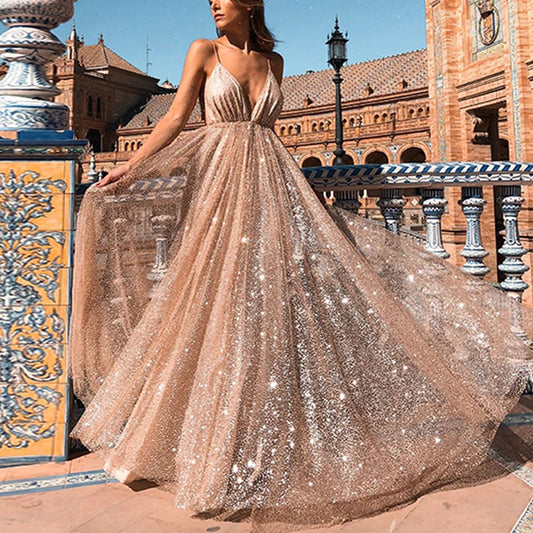 2025 Fashion Evening Dress Sexy Backless Formal Wedding Evening Party Gowns Dresses Women Deep V Spaghetti Strap Mesh Long Dress