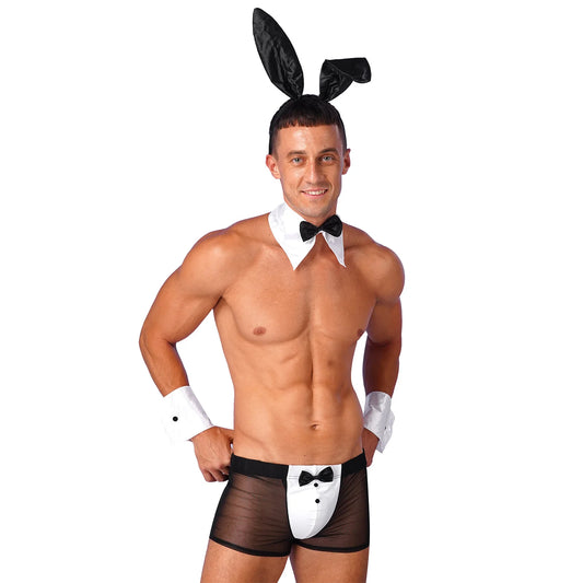 Men's Waiter Cosplay Lingerie Sexy Tuxedo Costume Role Play Uniform See Through Boxers Shorts with Bunny Ears Headband Collar