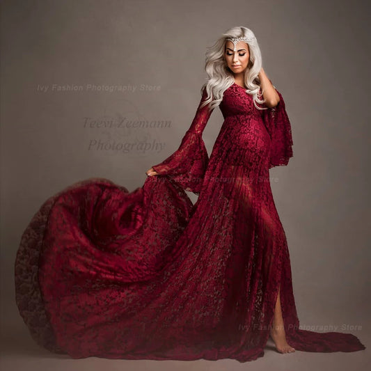 Maternity Photography Dresses Baby Shower Bohemian Photo Shooting Pregnancy Dress Flare Sleeves Red Rose Lace Long Floor Dress