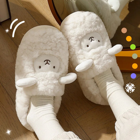 Comwarm Cartoon Plush Slippers For Women Men Winter Warm Fluffy Faux Fur Slippers Cute Sheep Indoor Home Couple Cotton Slippers