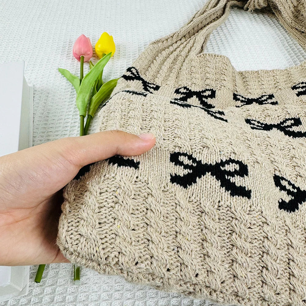 Women Aesthetics Handbag Large Capacity Bow Pattern Fashion Woven Bag Multifunctional Daily Shoulder Bag for Shopping Traveling