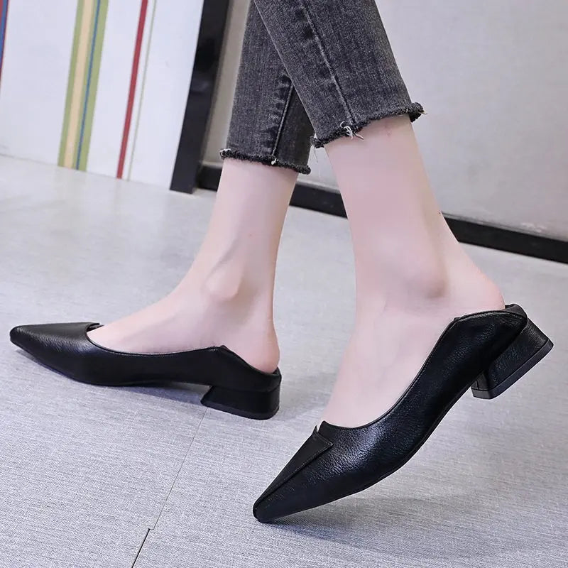 Women Leather Pumps Shoes Office Lady Med Square Heel Pointy Toe Slip on Work Shoes Classic Heel 4 Cm High Heels ShoesWomen