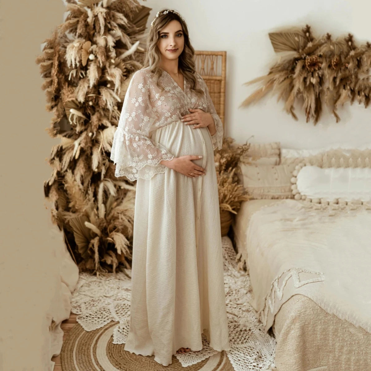 Vintage Boho Lace Maternity Dresses Cotton Baby Shower Dress Pregnancy Photo Shoot Outfit