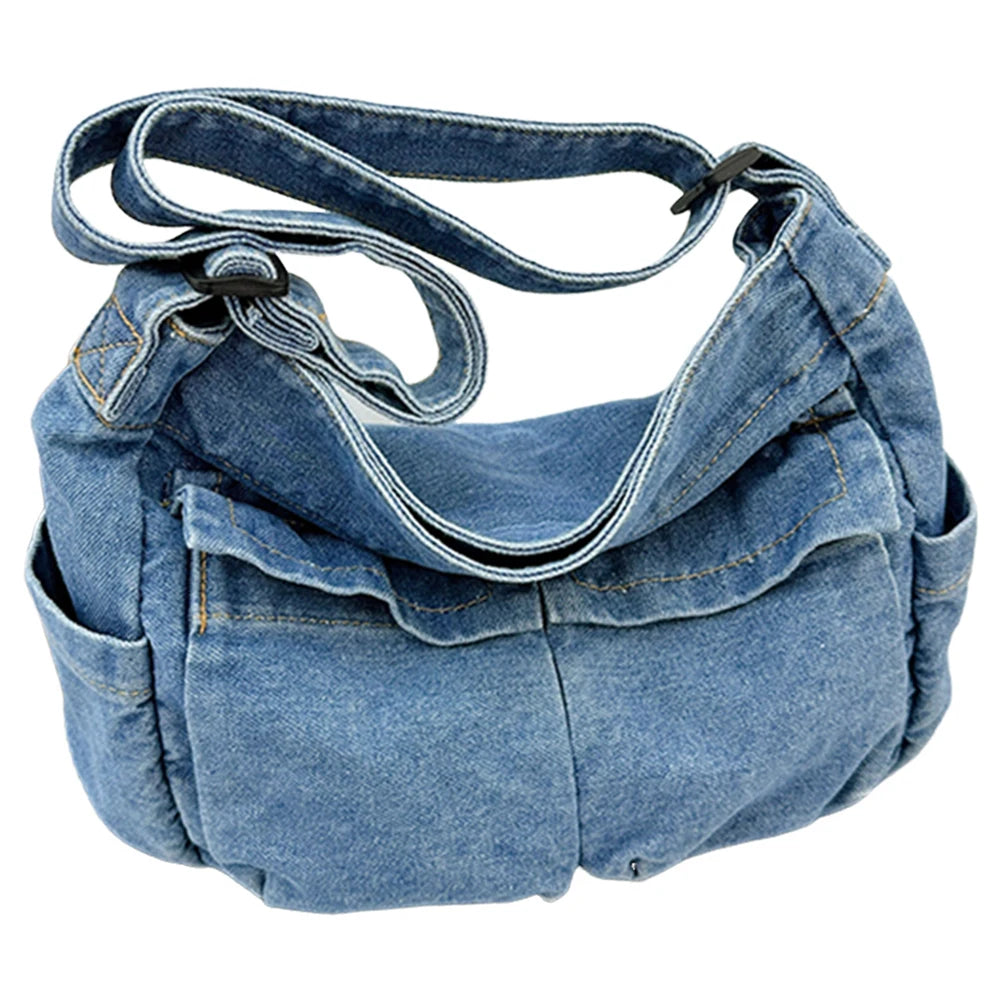 Women Stylish Crossbody Bag Large Capacity Denim Casual Satchel Bag Adjustable Strap Daily Tote Bag Multifunction Chic Hobo Bag