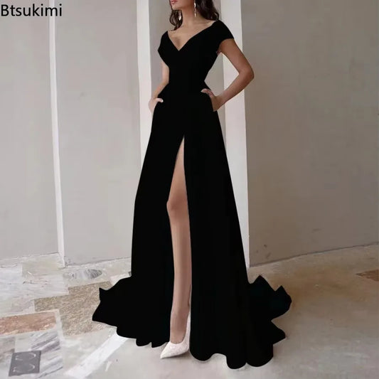 2025 Women's Evening Party Dress Cross Border Chest Wrapped Ruffle Solid Mid Waist Temperament Club Prom Dresses Vestidos Female